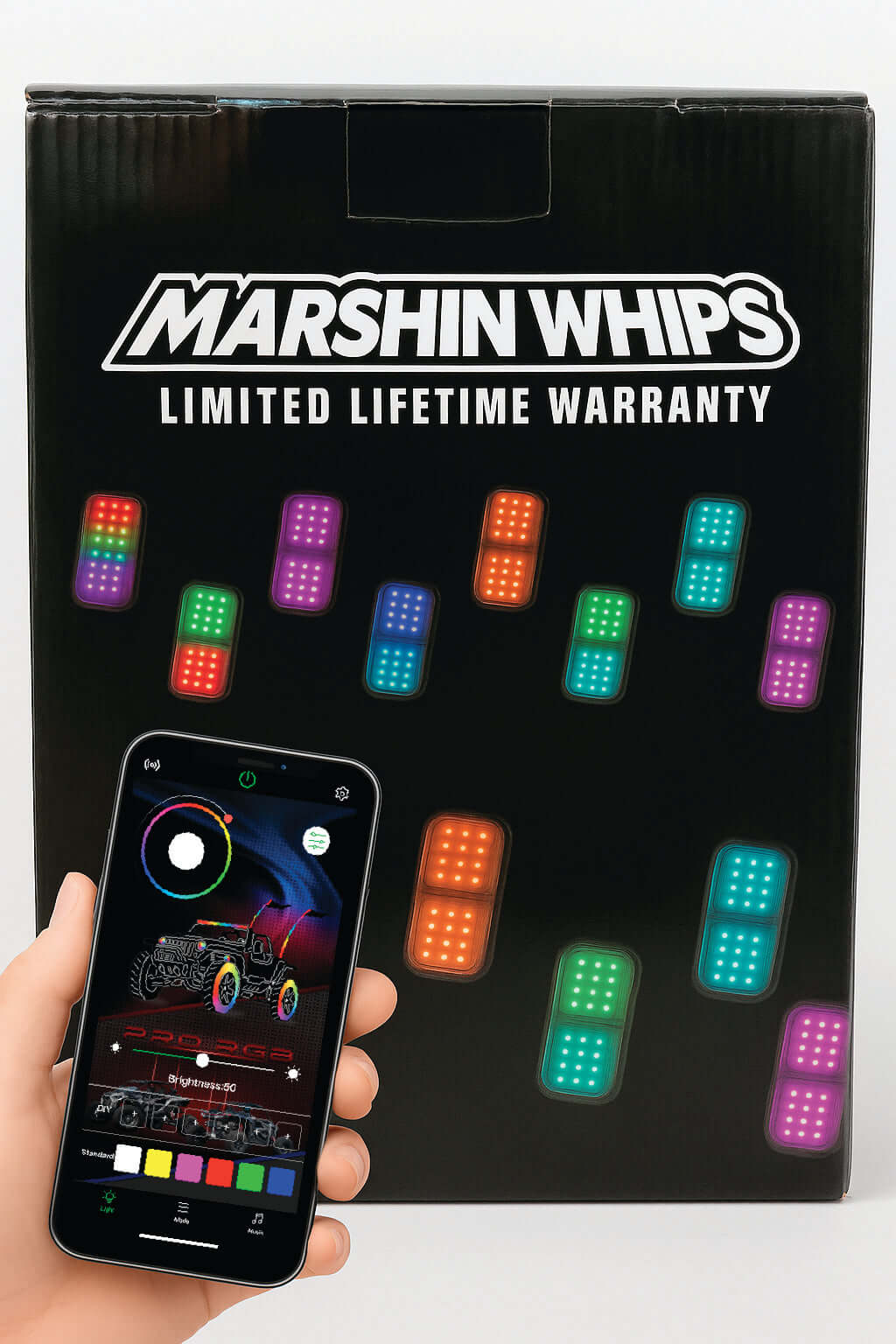 Marshin Whips product packaging with colorful lights and a smartphone app interface.