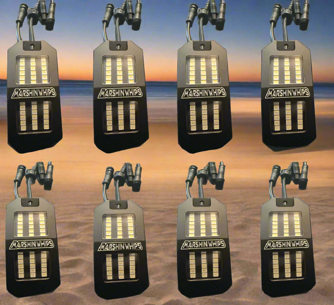 Multiple Marshin Whips products displayed against a beach background