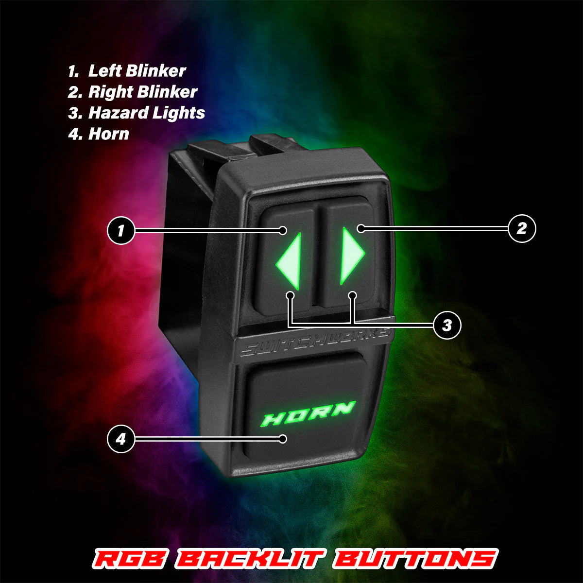 Car switch panel with RGB backlit buttons labeled for left blinker, right blinker, hazard lights, and horn on a colorful background.