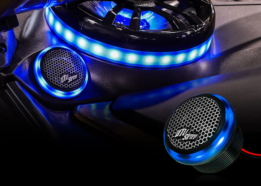 Car cup holders with blue LED lights and 'Mega Sound' branding.