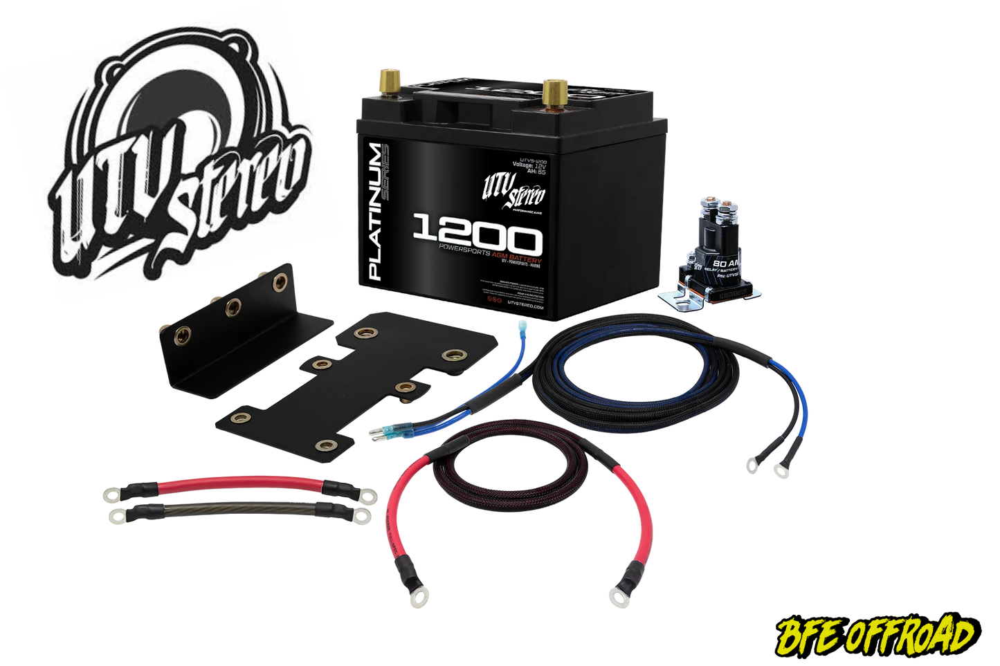 UTV Stereo battery and wiring kit on a white background