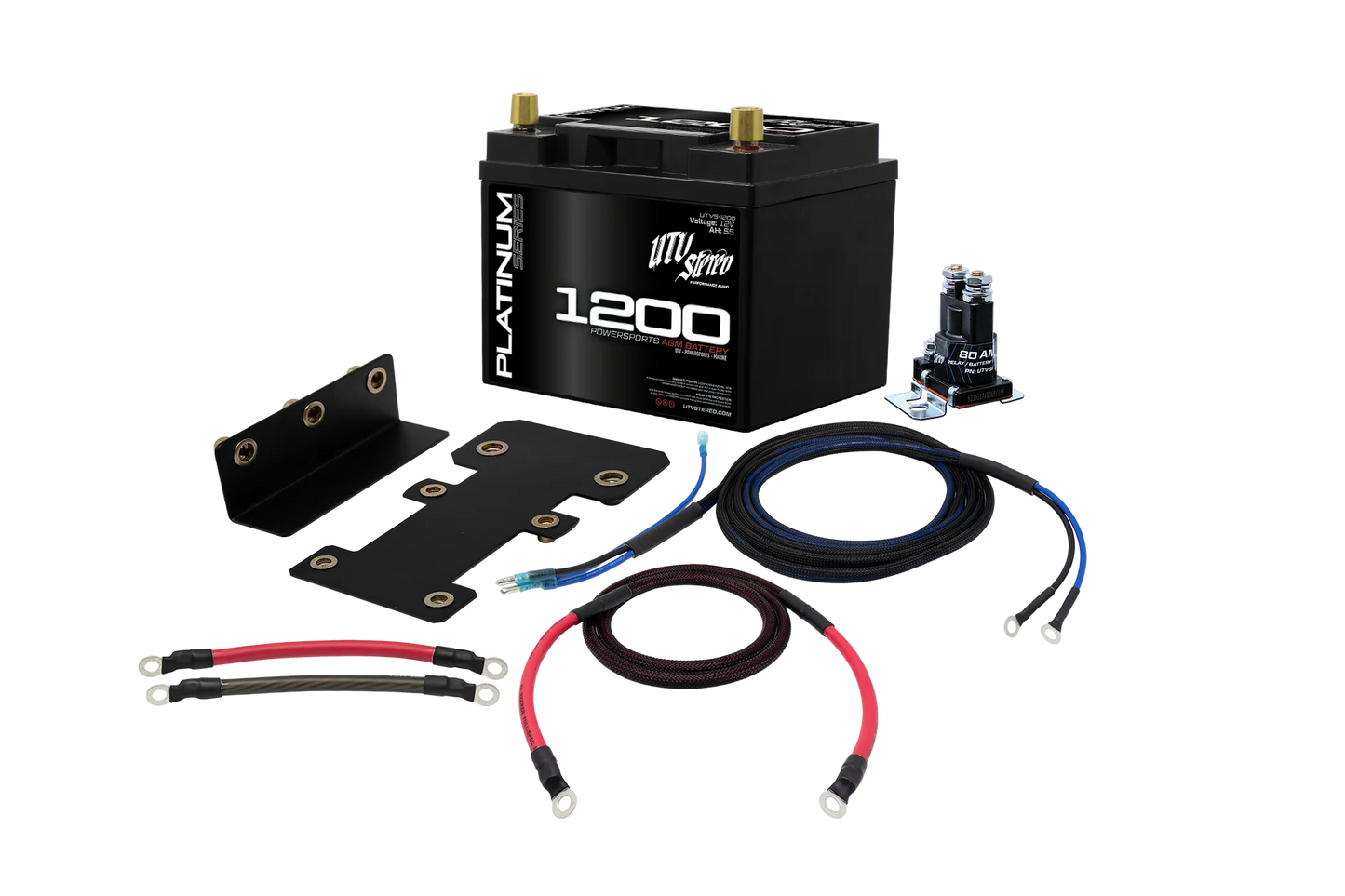 UTV battery and related components on a white background