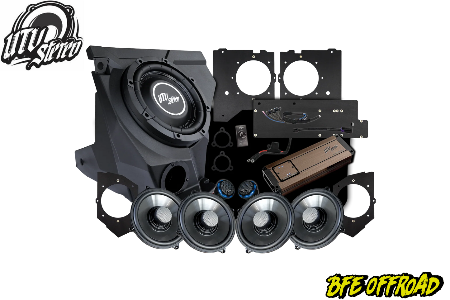 BFE Offroad audio system components on a white background with Utv Stereo logo.