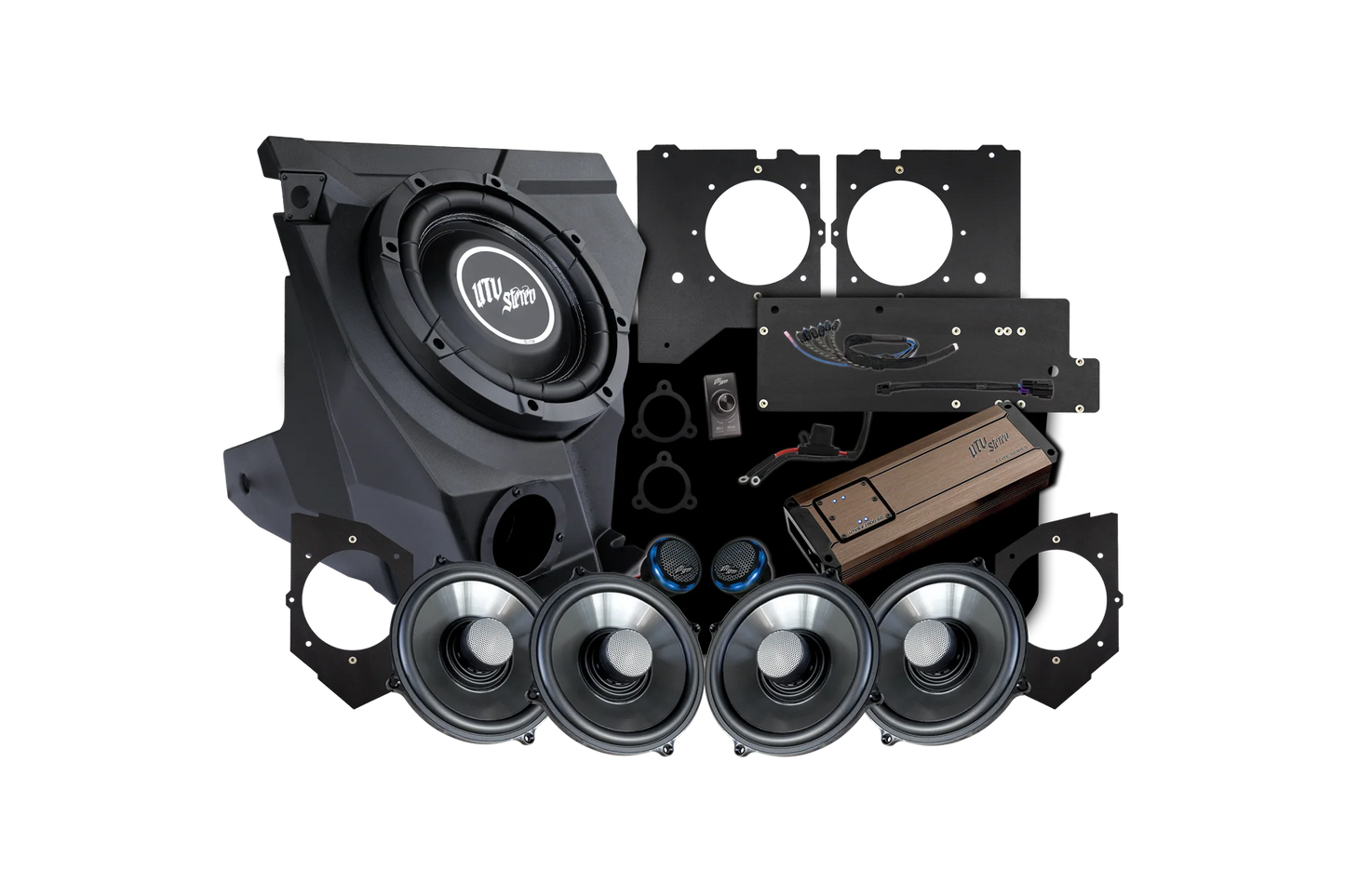 Car audio component set including subwoofer and speakers on a white background