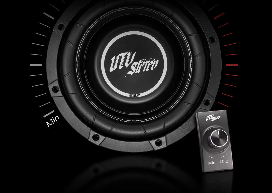 Black subwoofer with UTV Stereo logo on a black background