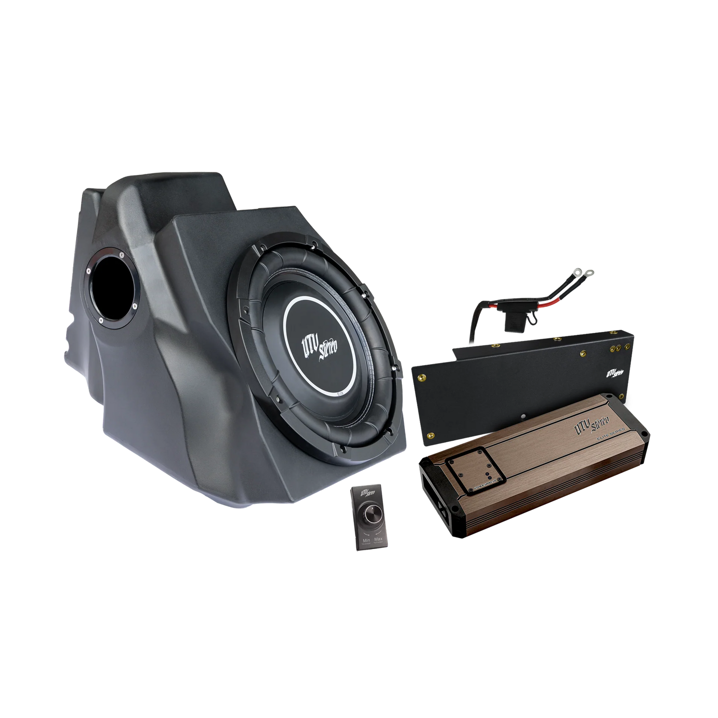 Car subwoofer and amplifier set on a white background