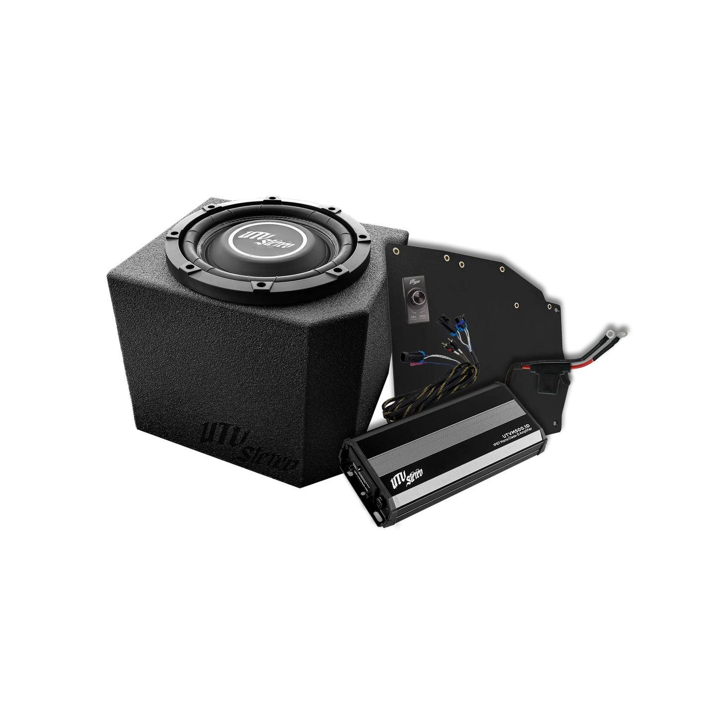 Car audio subwoofer and amplifier on a white background