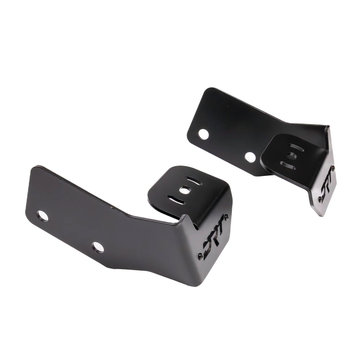 Two black metal brackets on a white background