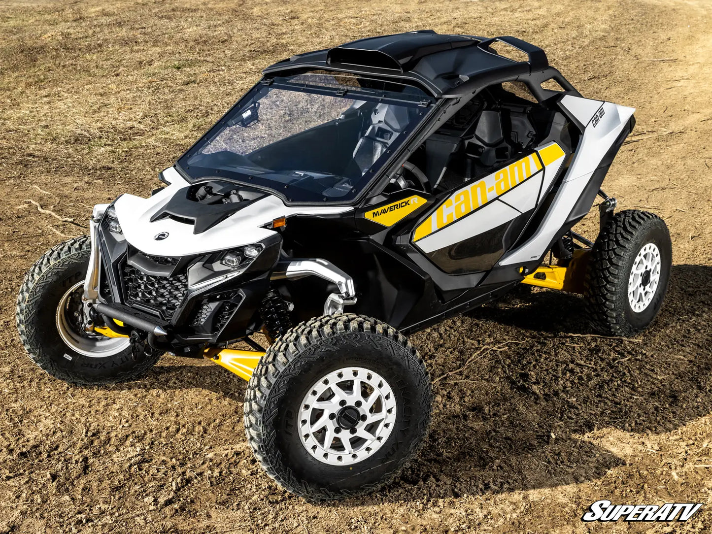 SuperATV MaxDrive Power Flip Windshield Can Am Maverick R / Max 2024+ side view