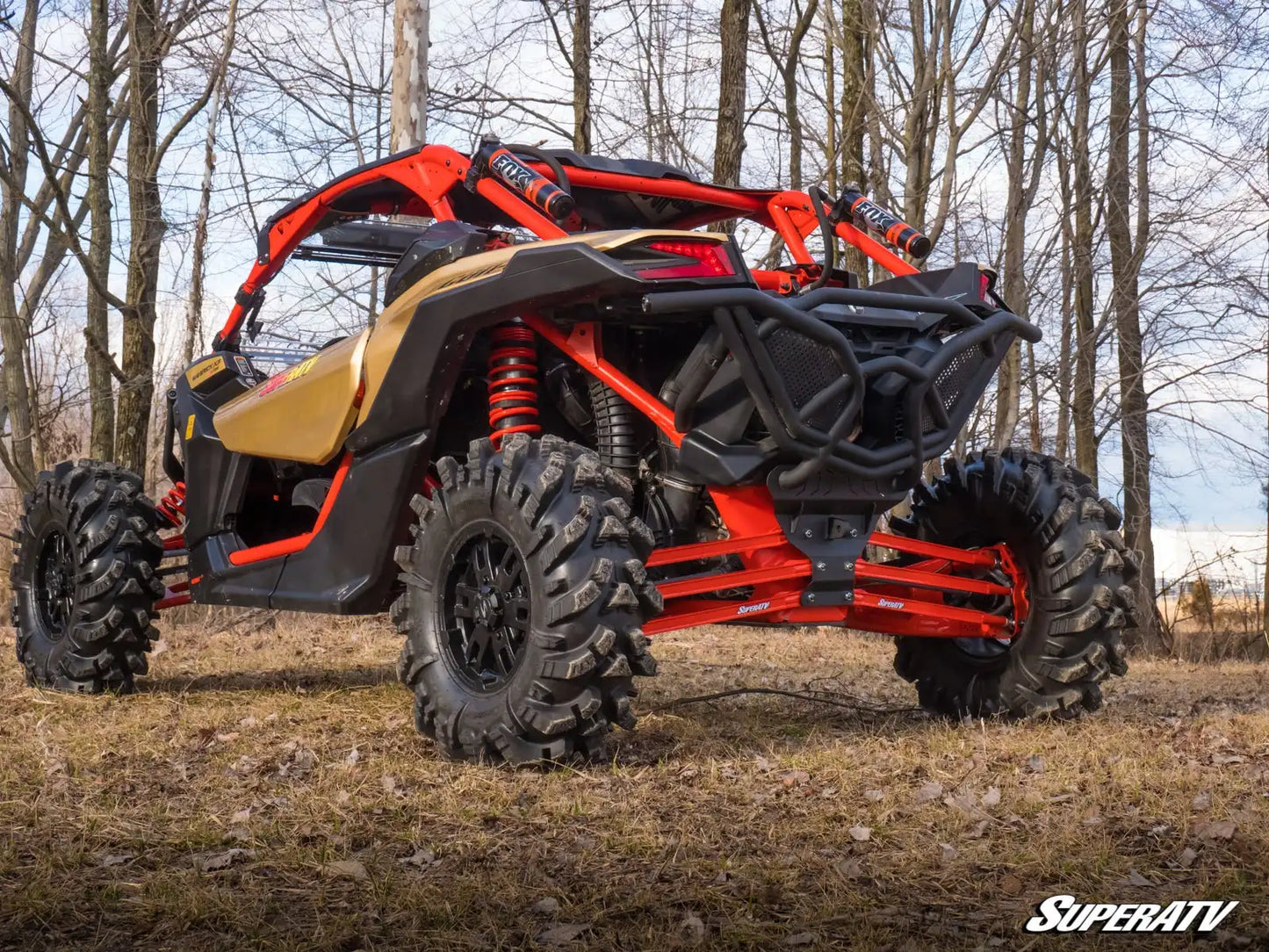 Off-road vehicle with red and black design parked in a forested area.