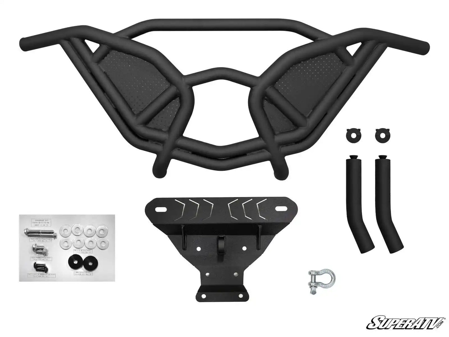 Black off-road vehicle bumper and related parts on a white background with SuperATV branding.