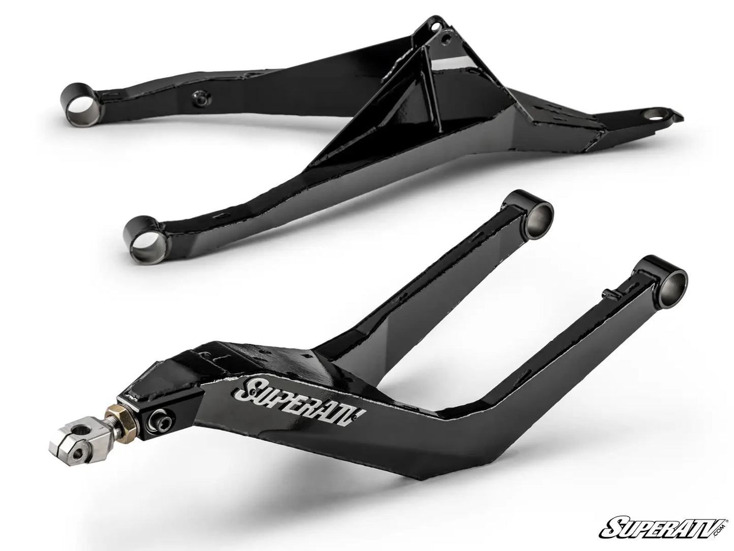 Two black SuperATV suspension components on a white background