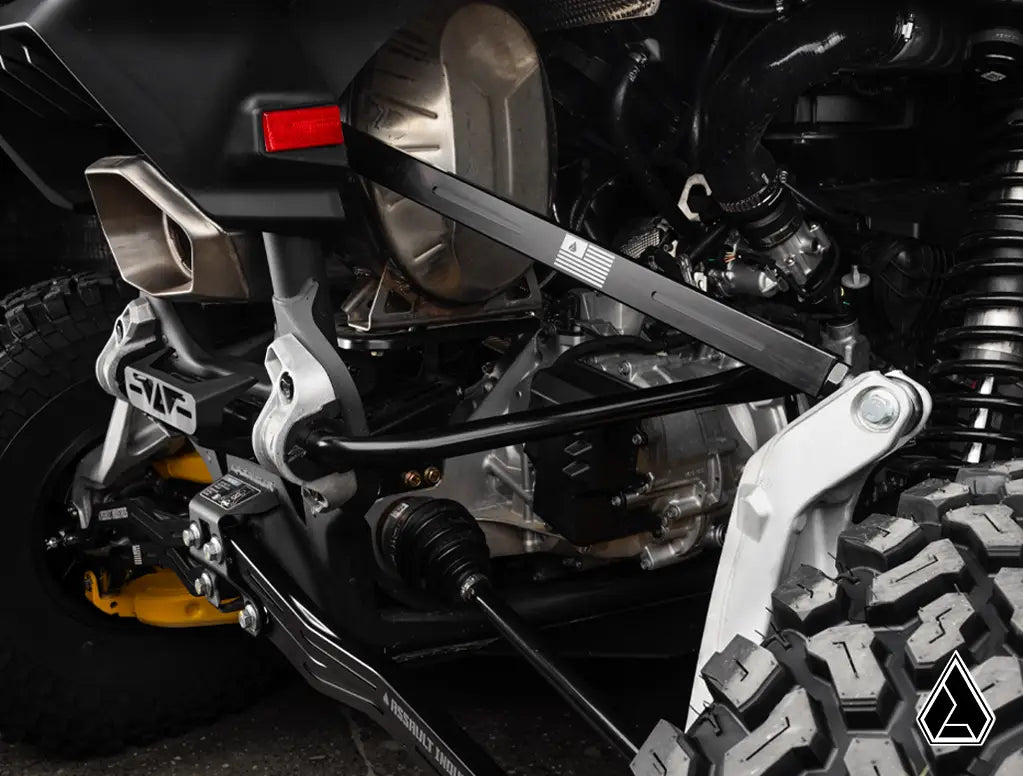 Close-up of a motorcycle suspension system with visible branding.