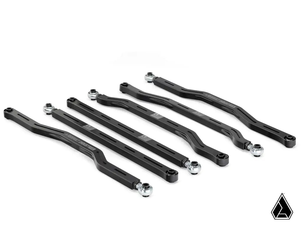 Set of black metal control arms on a white background