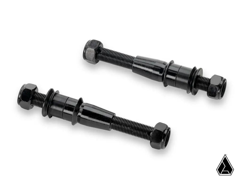 Two black metal bolts on a white background
