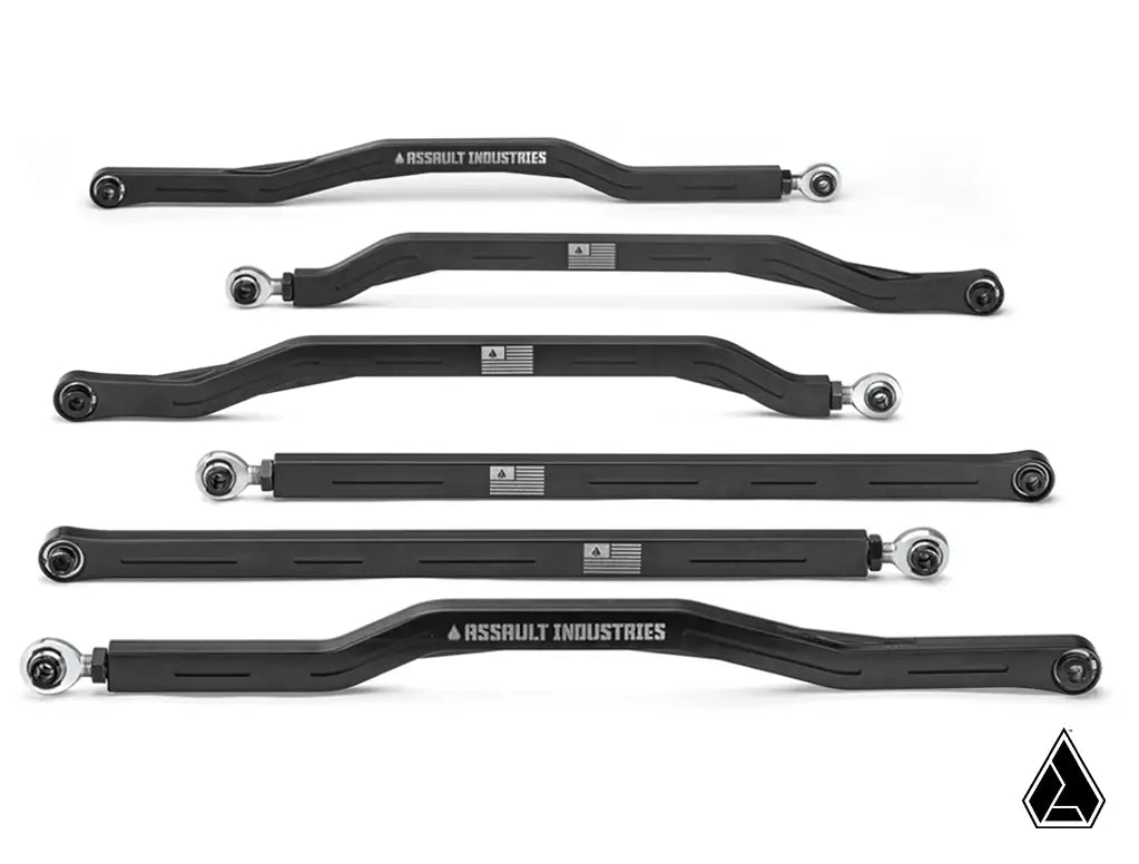 Set of black suspension links from Assault Industries on a white background