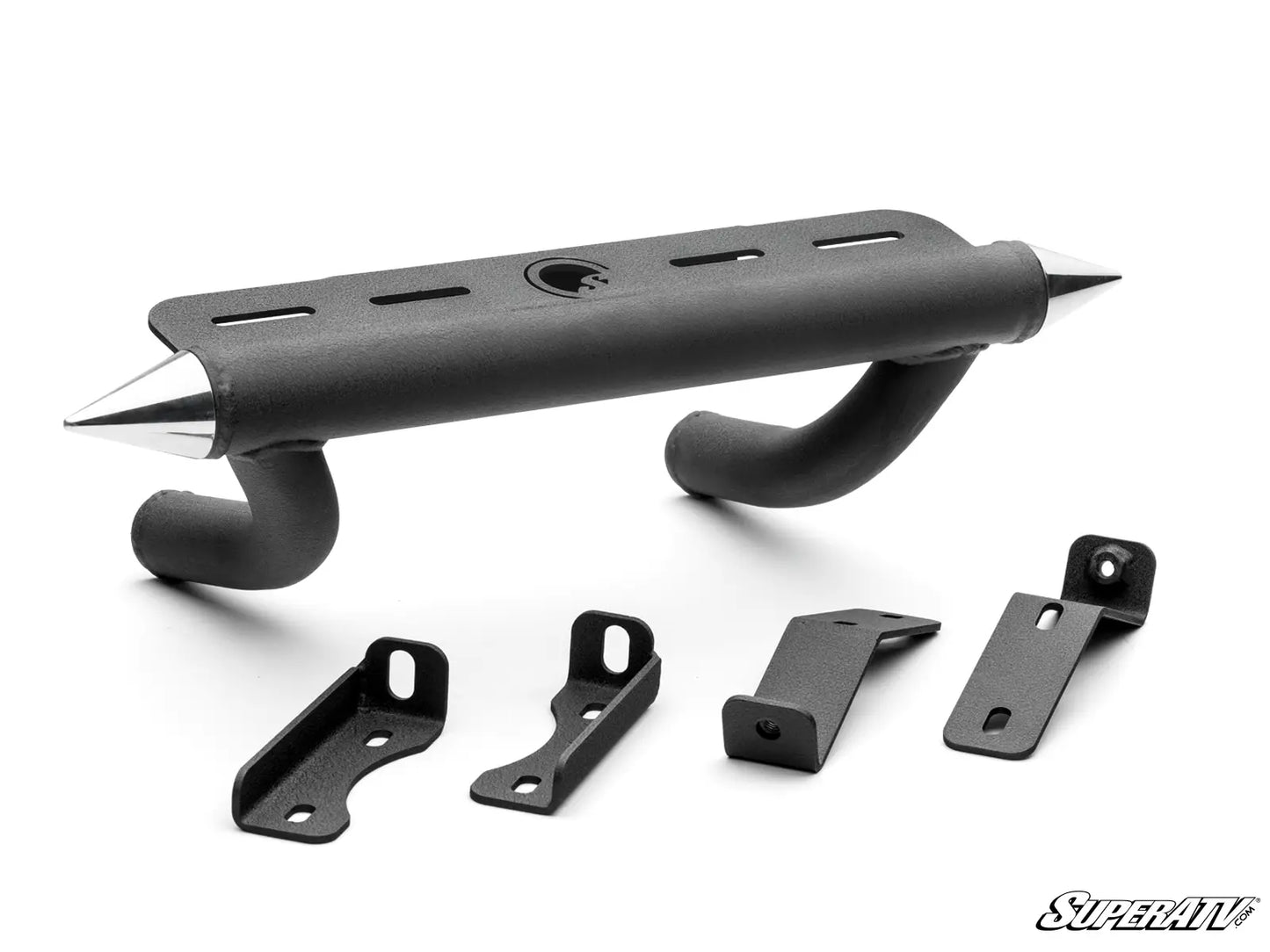 Black car bumper with mounting brackets on a white background