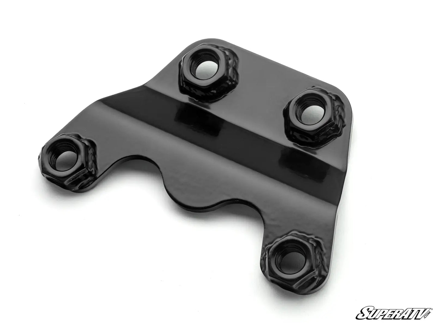 Black metal bracket with threaded holes on a white background, featuring the SuperATV logo.