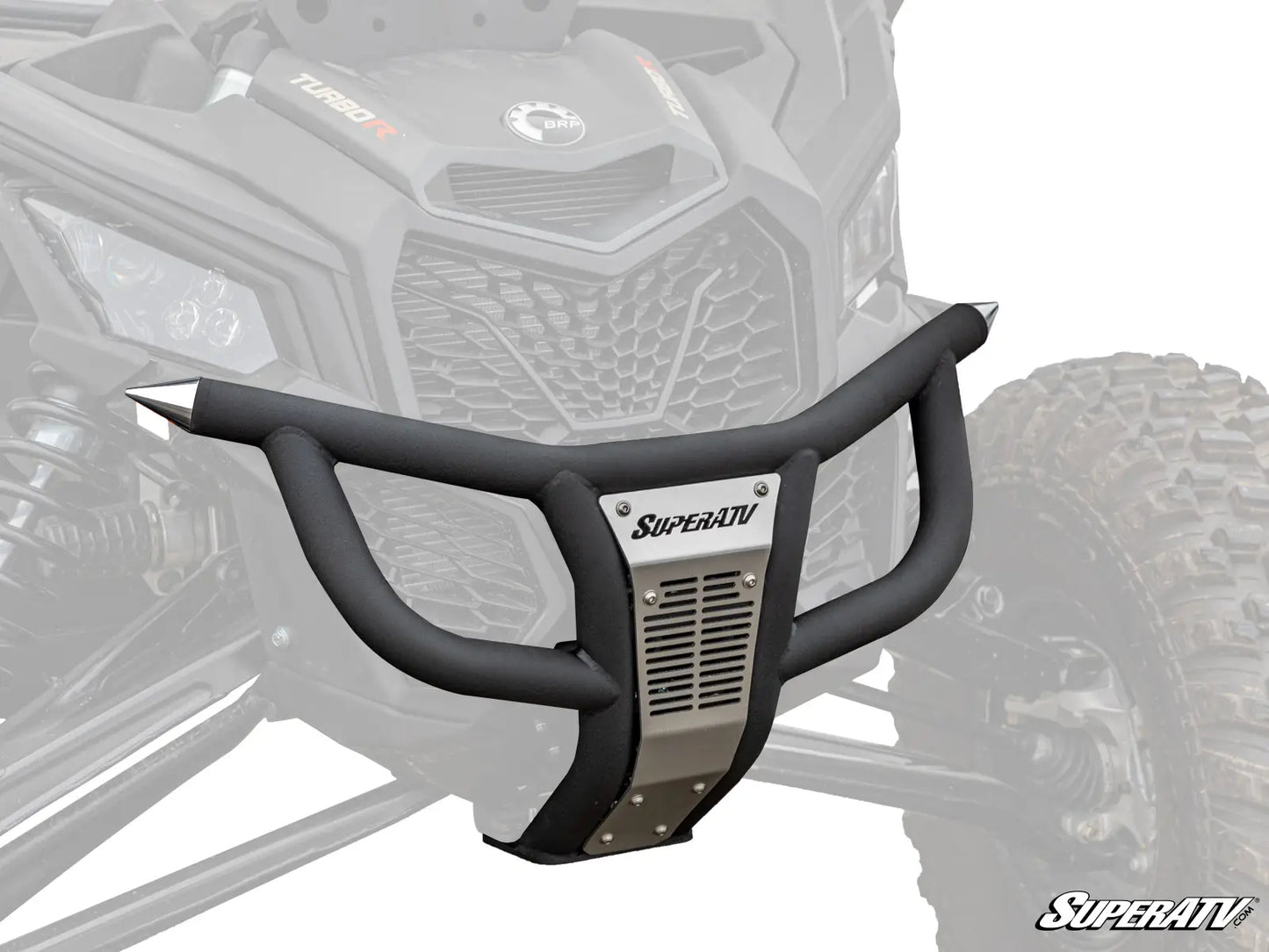 SuperATV bumper on an ATV with a clear background