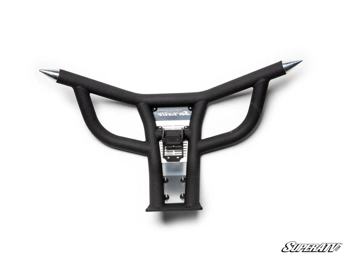 Black motorcycle handlebar guard with SuperATV branding on a white background