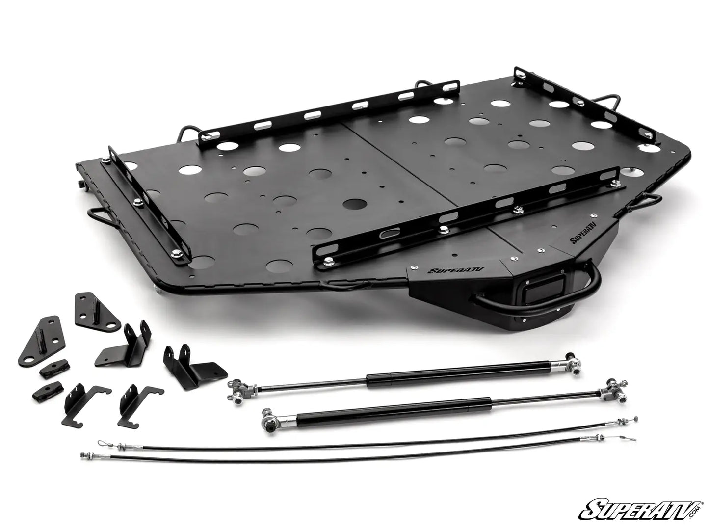 Car roof rack system with mounting brackets and straps on a white background