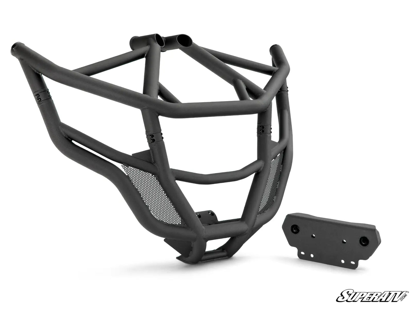 Black vehicle bumper with additional component on a white background