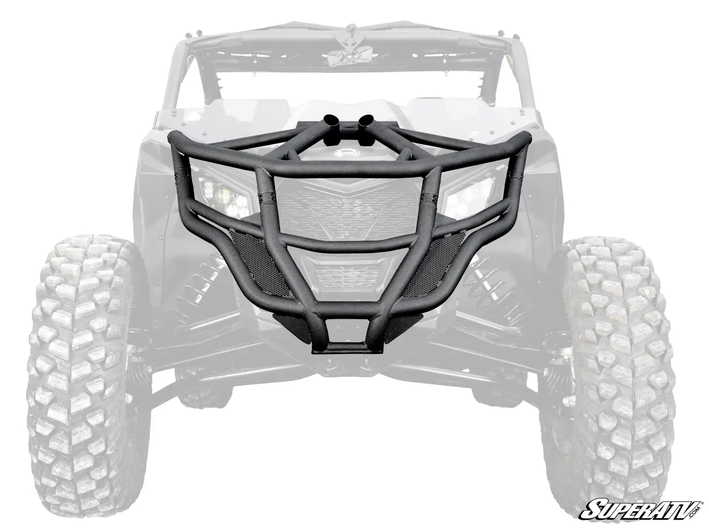 Black front bumper on a white off-road vehicle with 'SuperATV' branding.