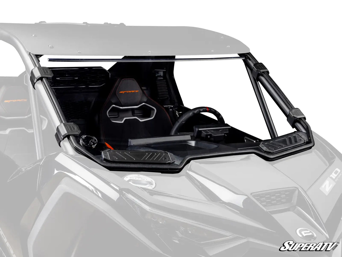 Windshield of a vehicle with SuperATV branding on a white background