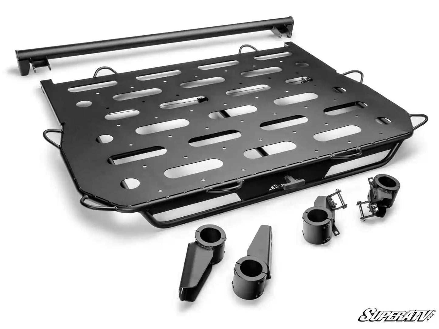 Black metal rack and components on a white background with 'SuperATV' branding.