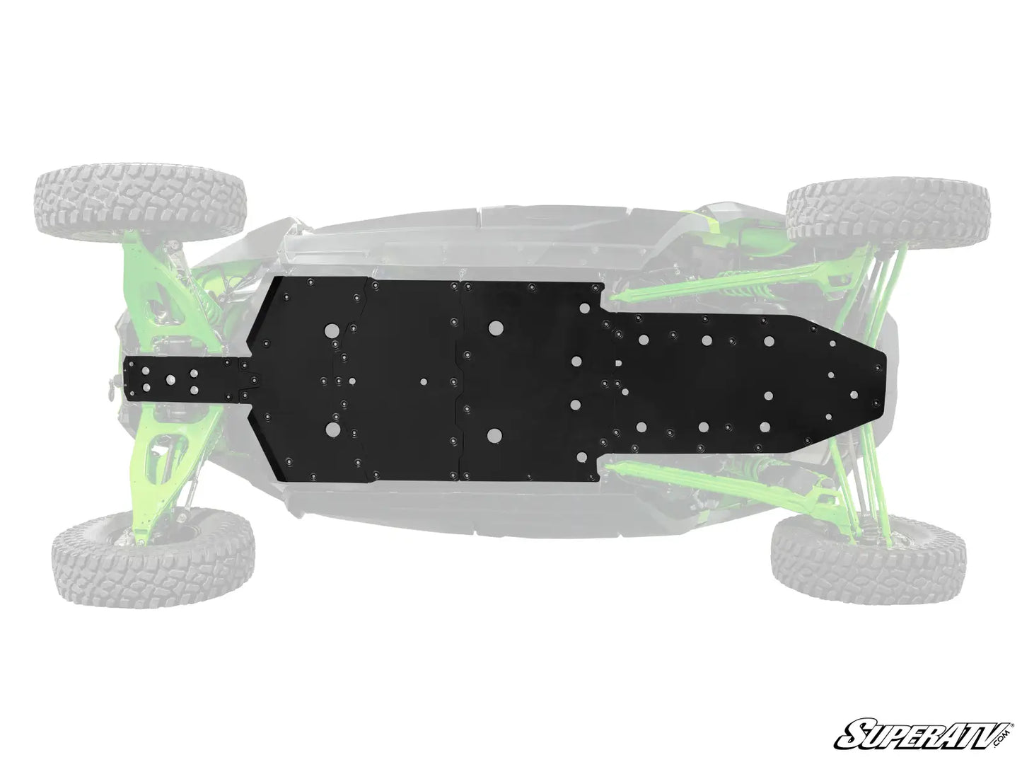 Black skateboard deck on a green and black scooter with 'SuperATV' branding.