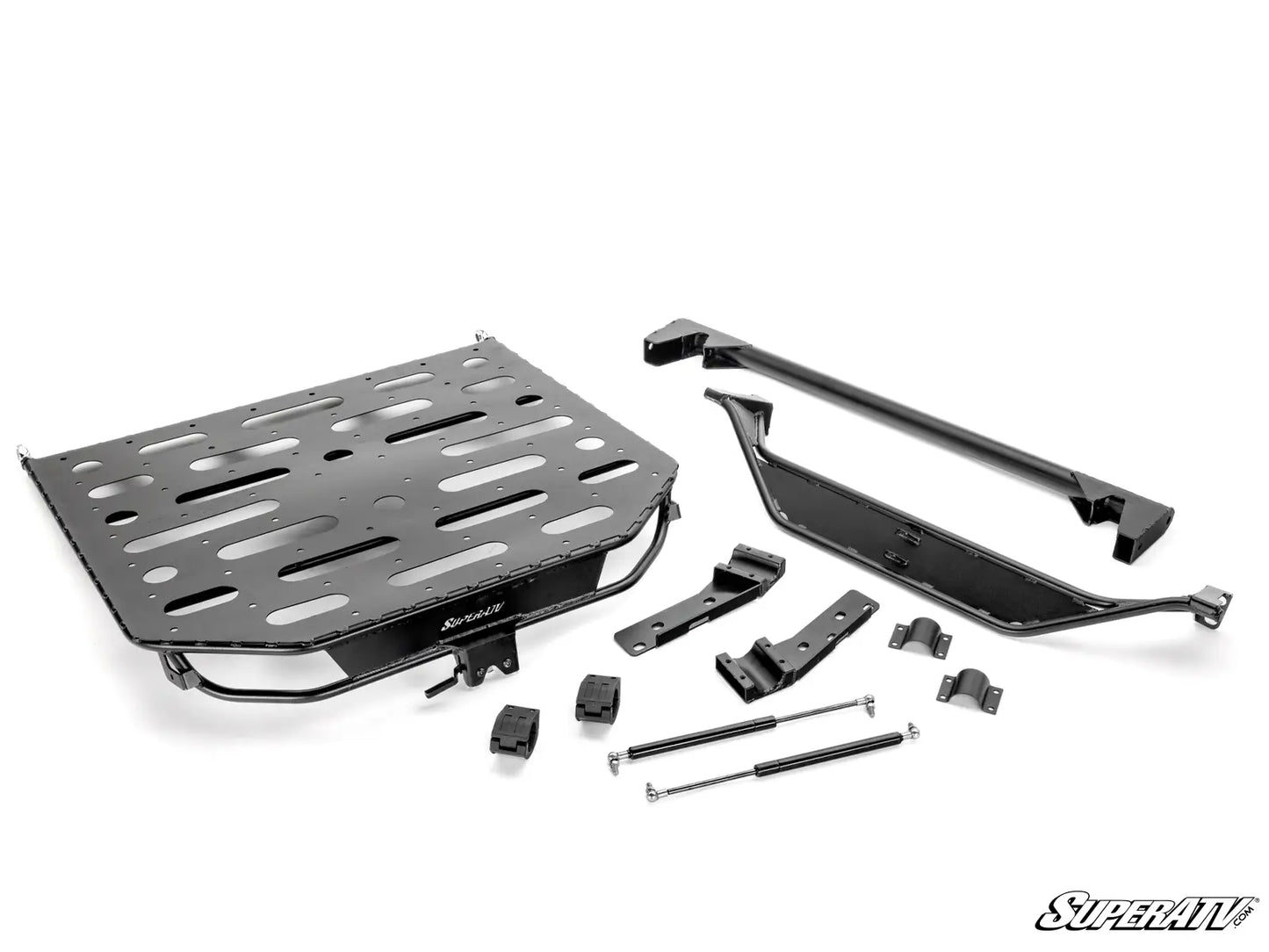 Black motorcycle luggage rack and accessories on a white background with 'SuperATV' branding.