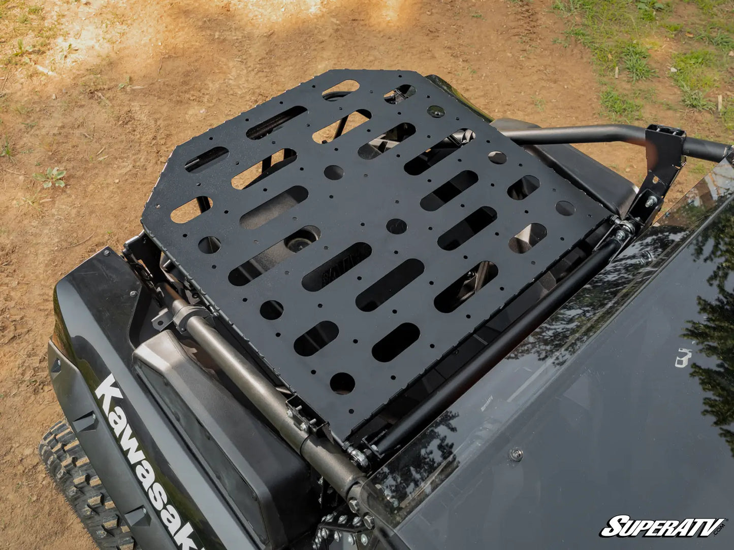 Black roof rack on a Kawasaki vehicle with SuperATV branding.