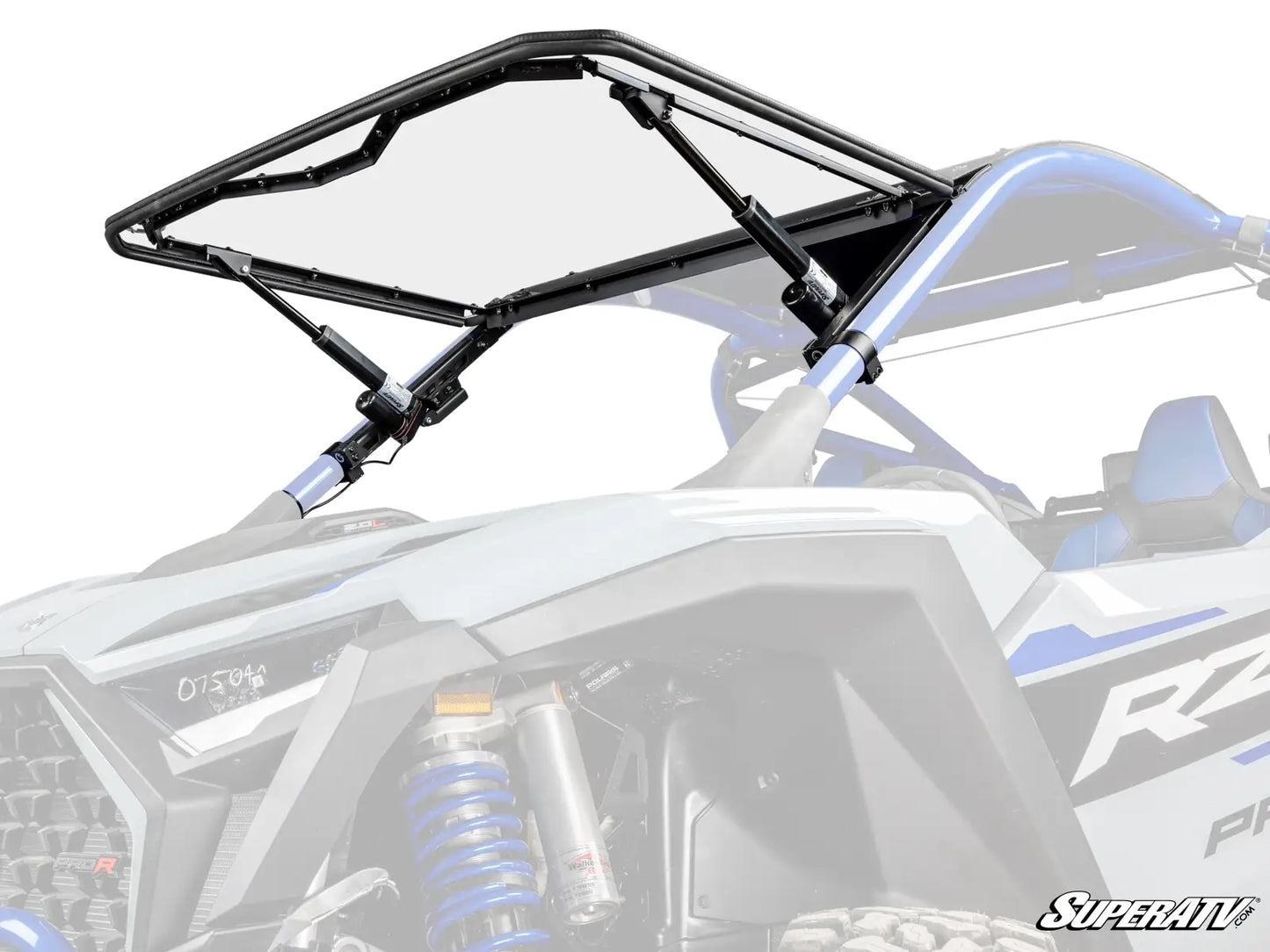 Rearview of a Polaris RZR with a black roof rack on a white background