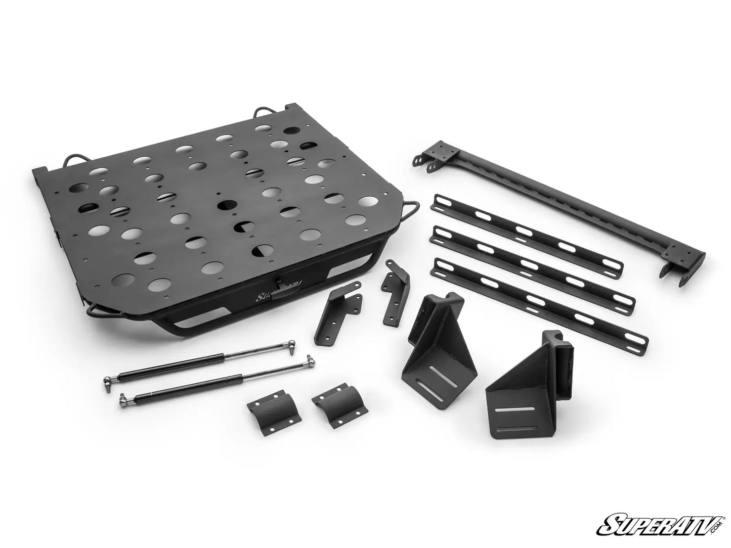 Set of black metal brackets and panels on a white background with SuperATV branding.