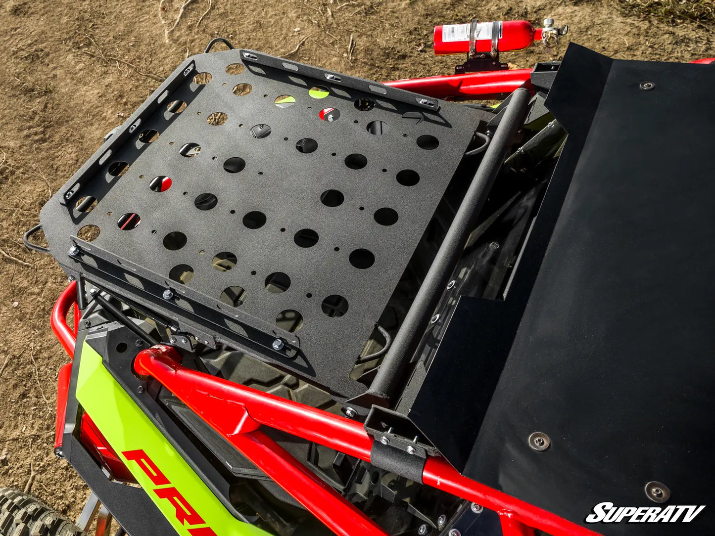 Close-up of a red and black off-road vehicle rack with SuperATV branding.