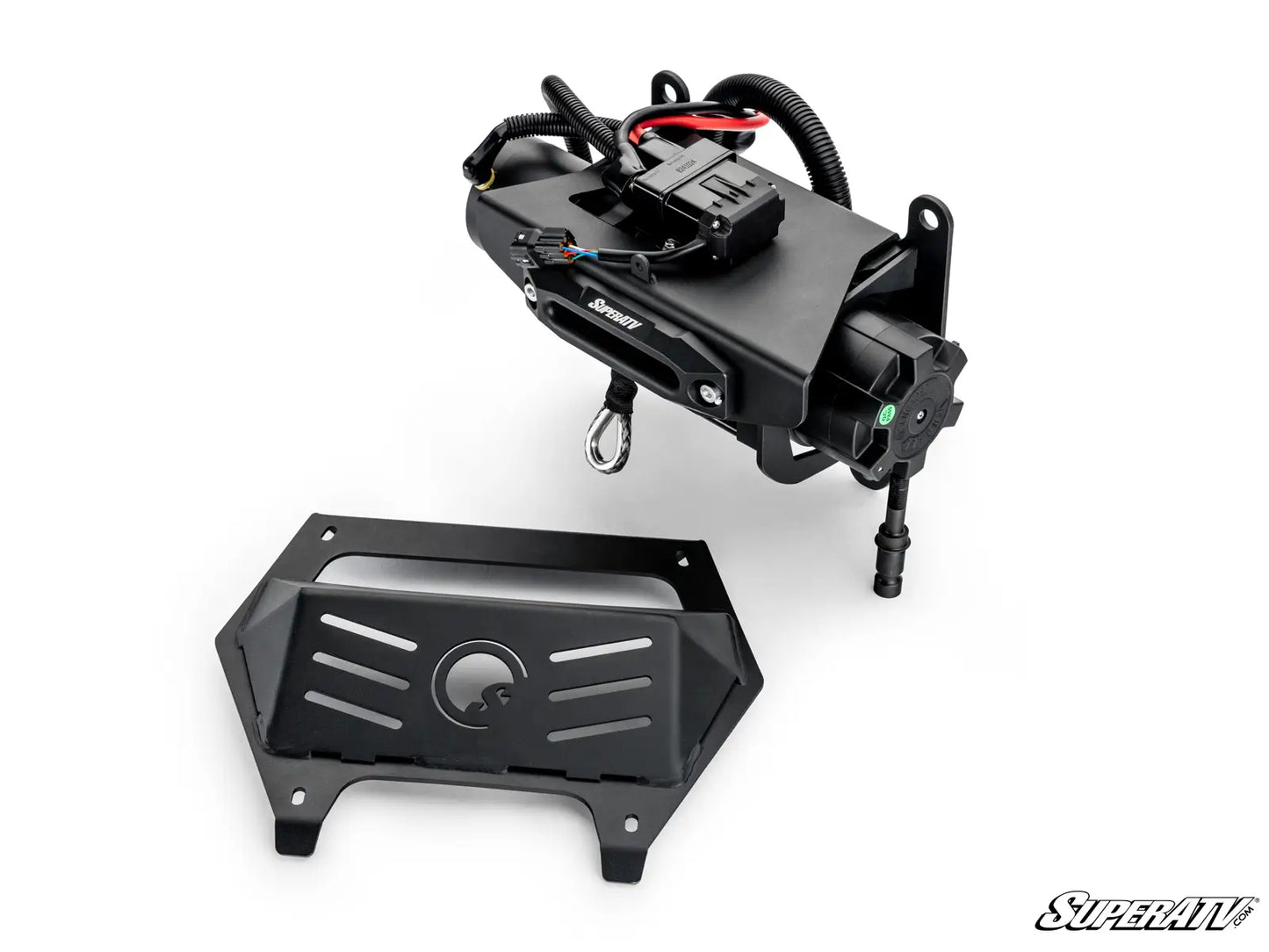 Black automotive component with visible branding on a white background