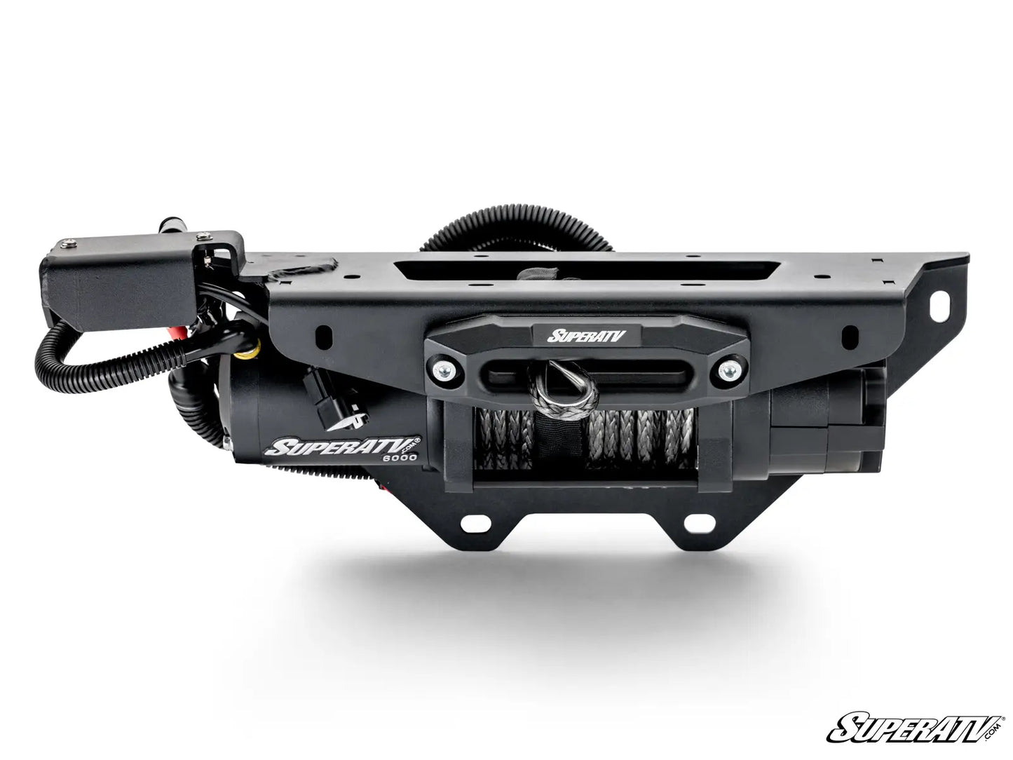Black SuperATV winch on a white background