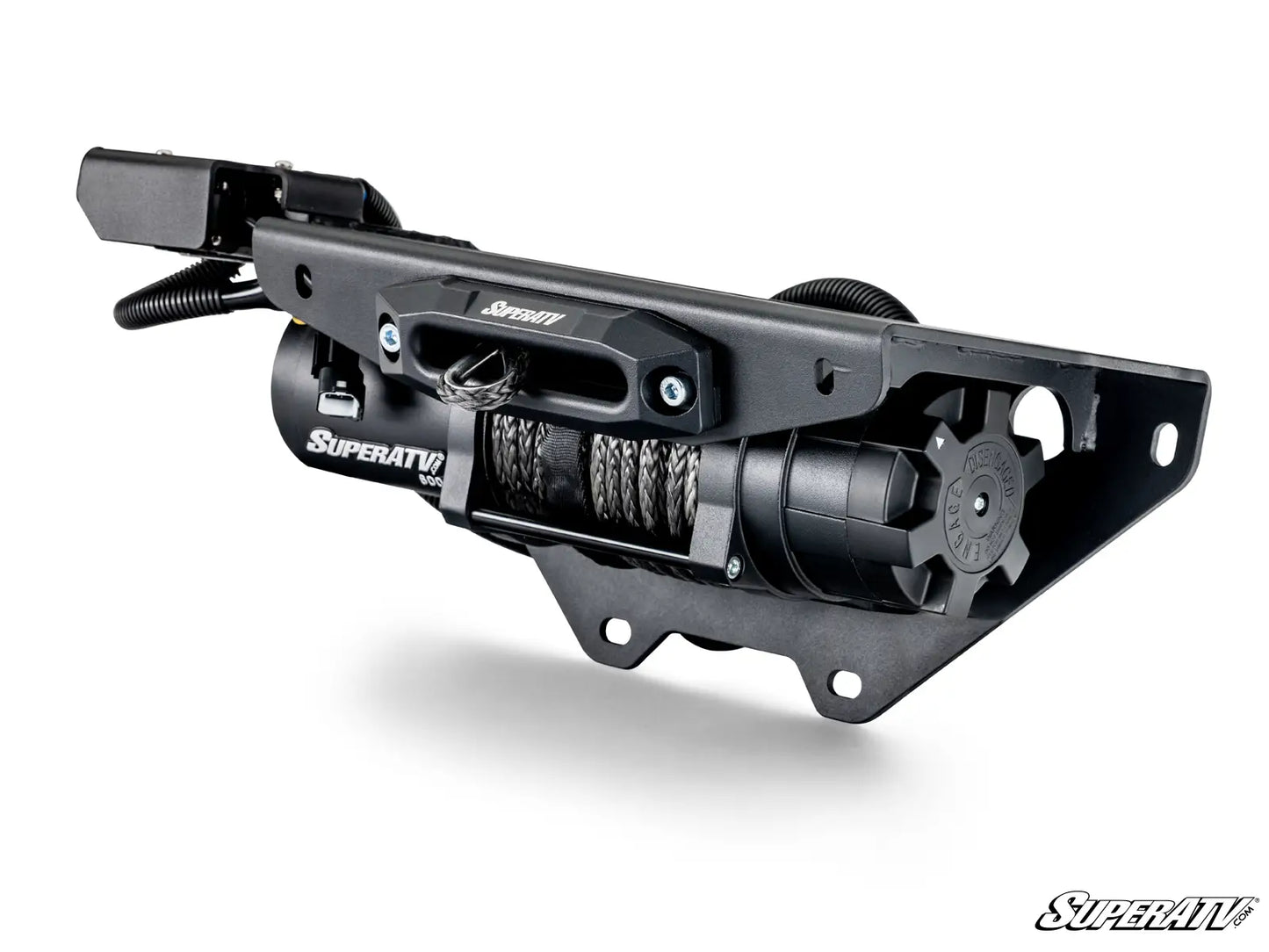 Black SuperATV winch on a white background