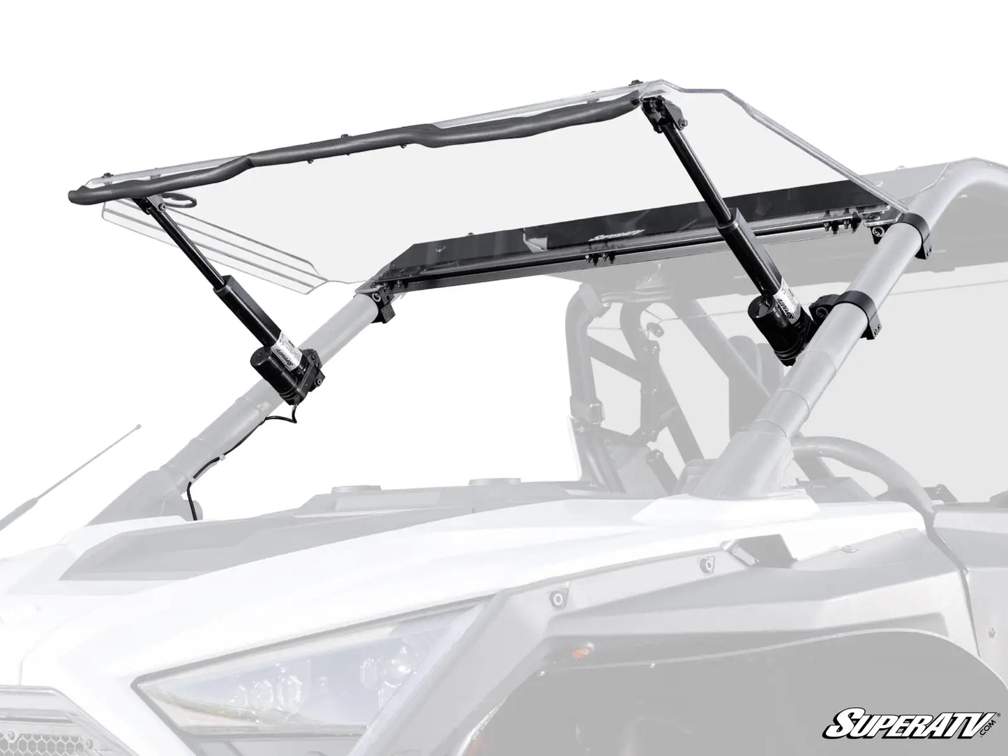 Car roof rack system on a white vehicle with 'SuperATV' branding.