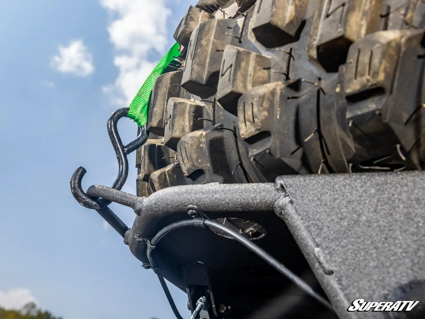 Close-up of a SuperATV roof rack system on a vehicle with a clear sky background.