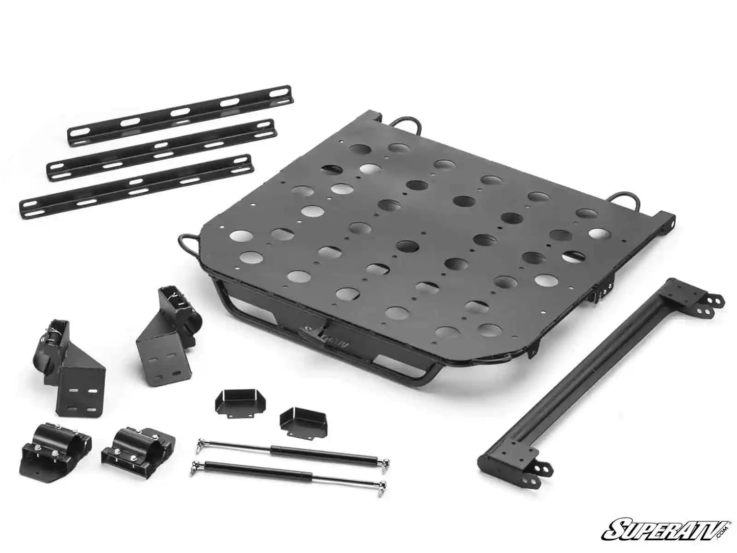 Set of black metal components on a white background with 'SuperATV' branding.