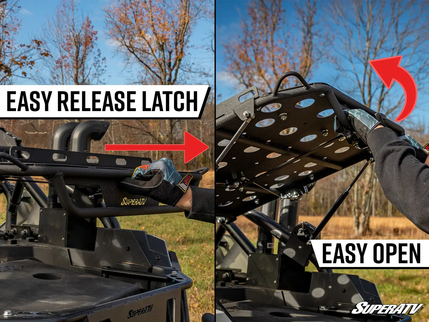 SuperATV product with easy release latch and open rack design, set against a natural outdoor background.
