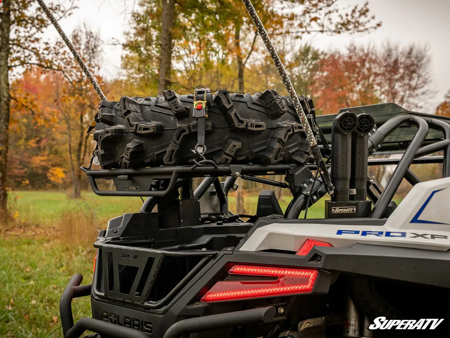 Back of a Polaris RZR with a SuperATV roof rack in a forest setting