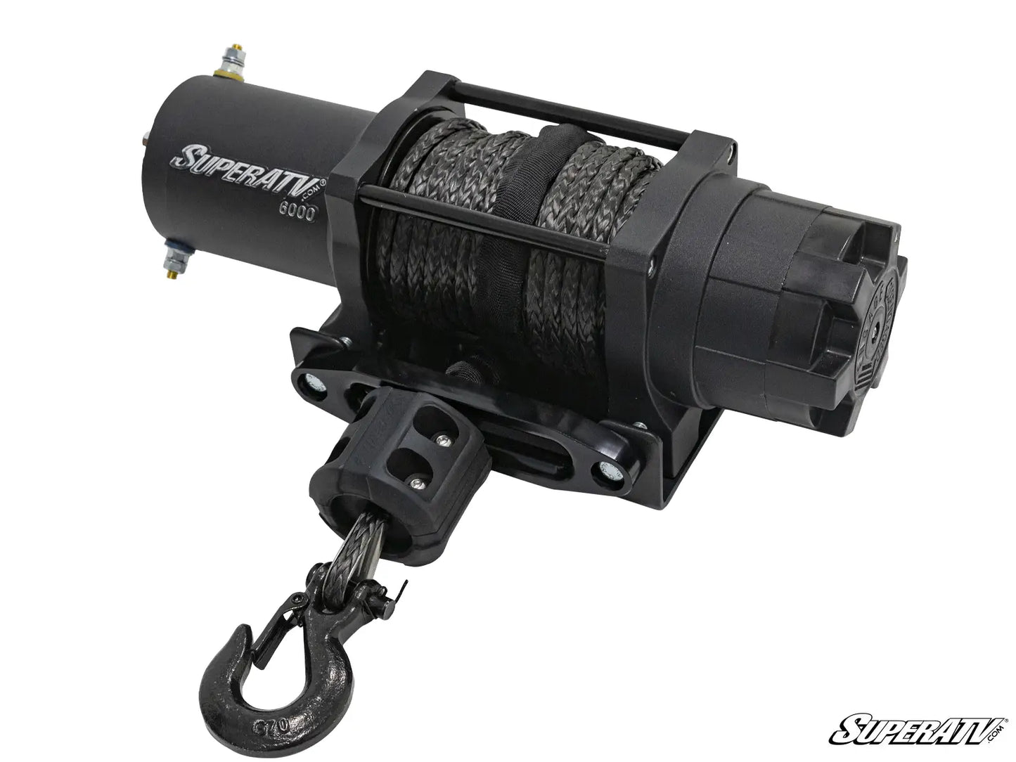 SuperATV winch with cable and hook on a white background