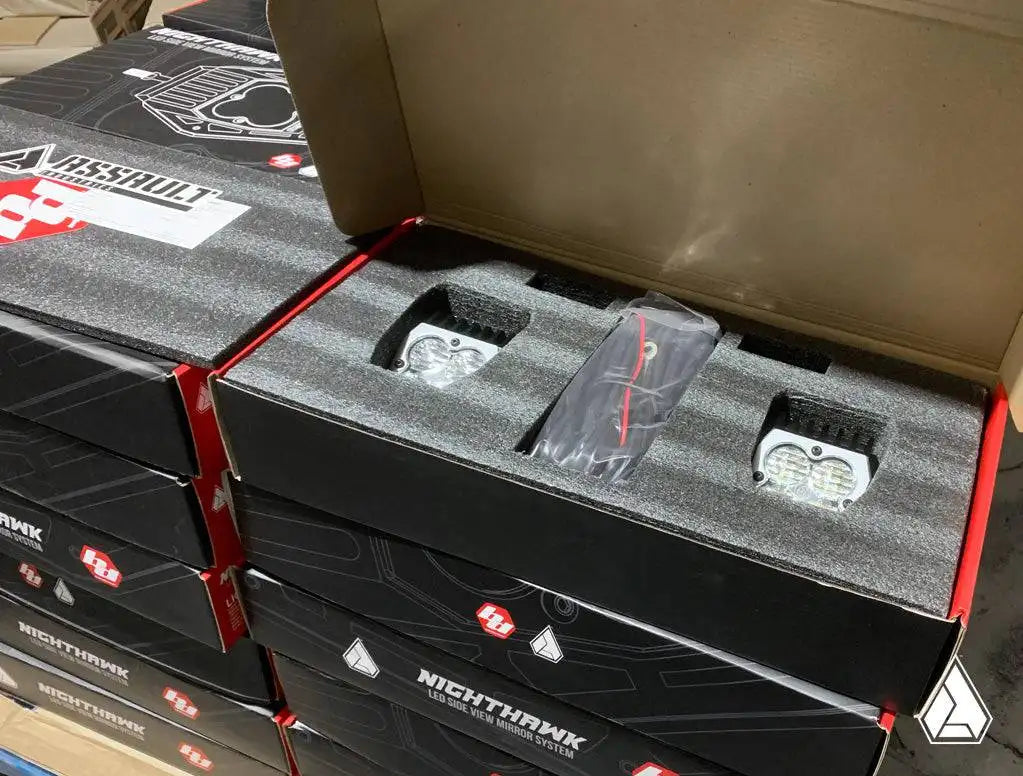 Stack of Nighthawk branded boxes with LED lights inside
