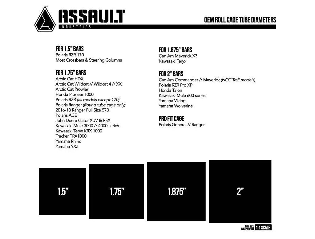 Sheet of paper with text and bar measurements related to roll cage tube diameters, branded 'Assault Industries'.