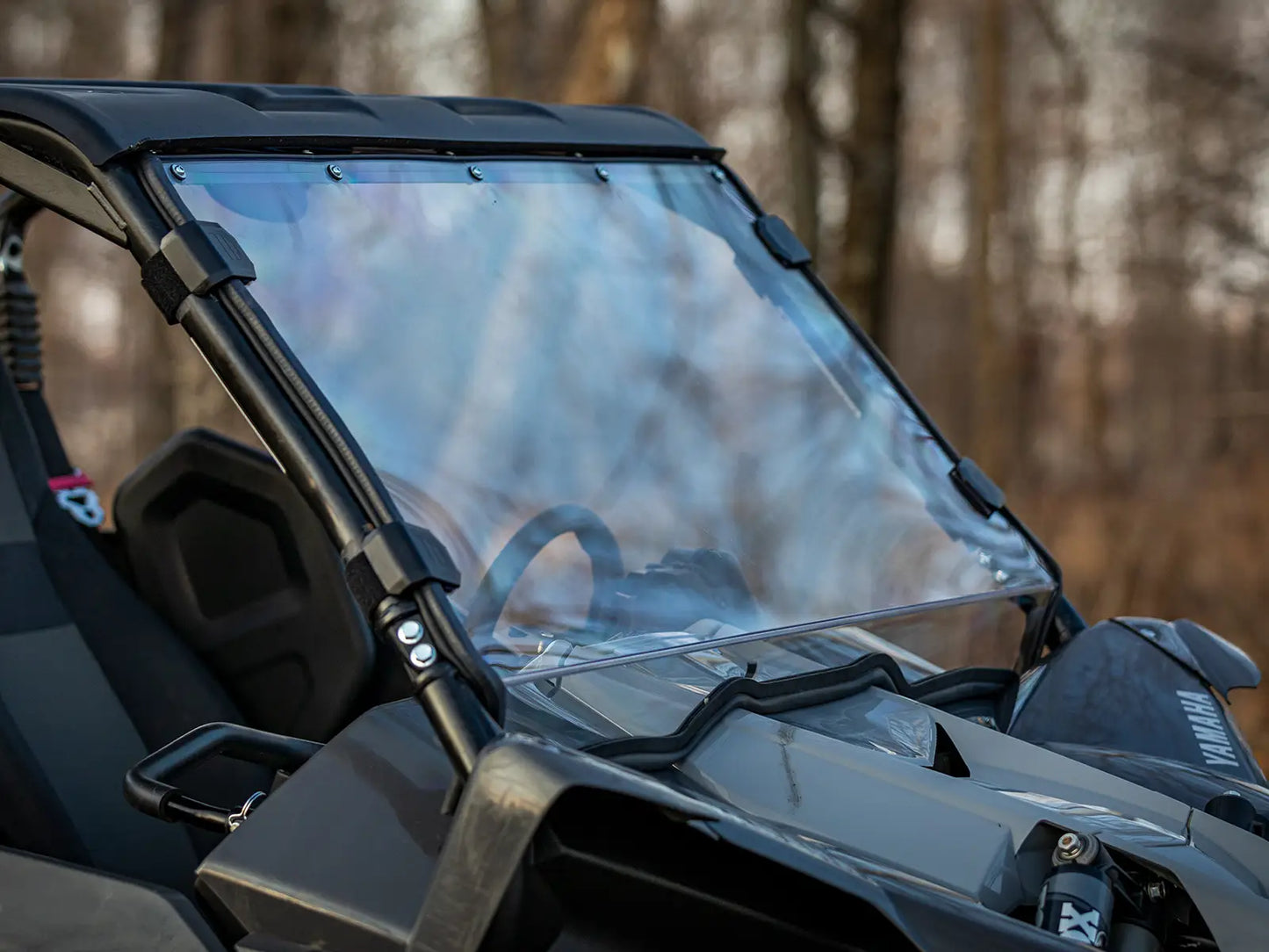 SuperATV Heavy Duty Scratch Resistant Full Windshield for Yamaha YXZ (2019+) Installed Side View