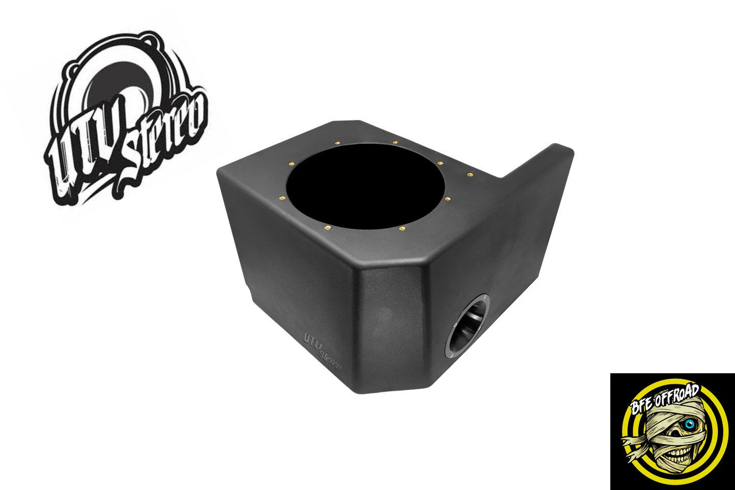 A matte black UTV stereo subwoofer enclosure shown from an elevated angle on a white background, with two brand logos in the corners: UTV Stereo in the top-left andBFE Offroad in the bottom-right.
