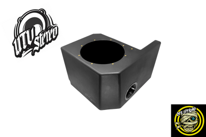 A matte black UTV stereo subwoofer enclosure shown from an elevated angle on a white background, with two brand logos in the corners: UTV Stereo in the top-left andBFE Offroad in the bottom-right.