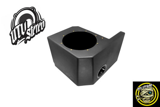 A matte black UTV stereo subwoofer enclosure shown from an elevated angle on a white background, with two brand logos in the corners: UTV Stereo in the top-left andBFE Offroad in the bottom-right.